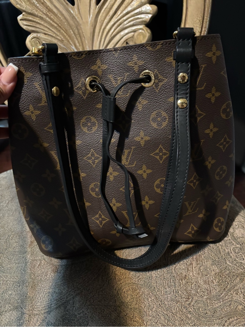 Louis Vuitton Monogram Drawstring Bucket Bag in Brown and Black